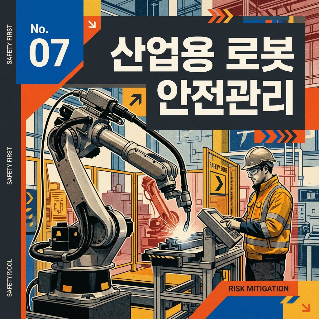 산업용 로봇 안전관리: 협착·충돌 위험과 방호시스템의 설계 원칙 1 산업용 로봇 안전관리 수칙과 핵심 가이드를 설명하는 포스터 이미지