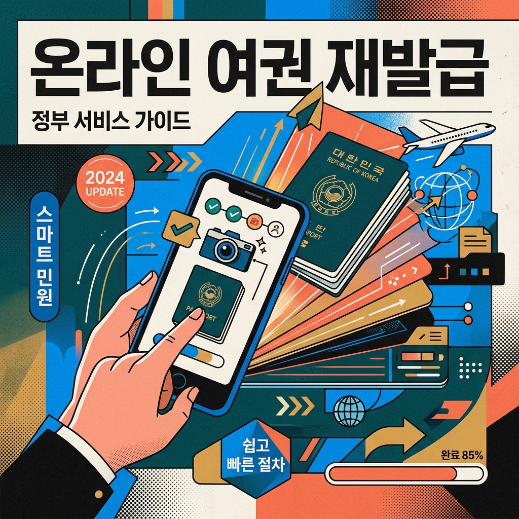 온라인 여권 재발급 gov.kr 정부24 신청 방법 준비물 총정리 1 대한민국 여권과 비행기 일러스트가 포함된 정부24 온라인 여권 재발급 준비물 및 신청 방법 이미지