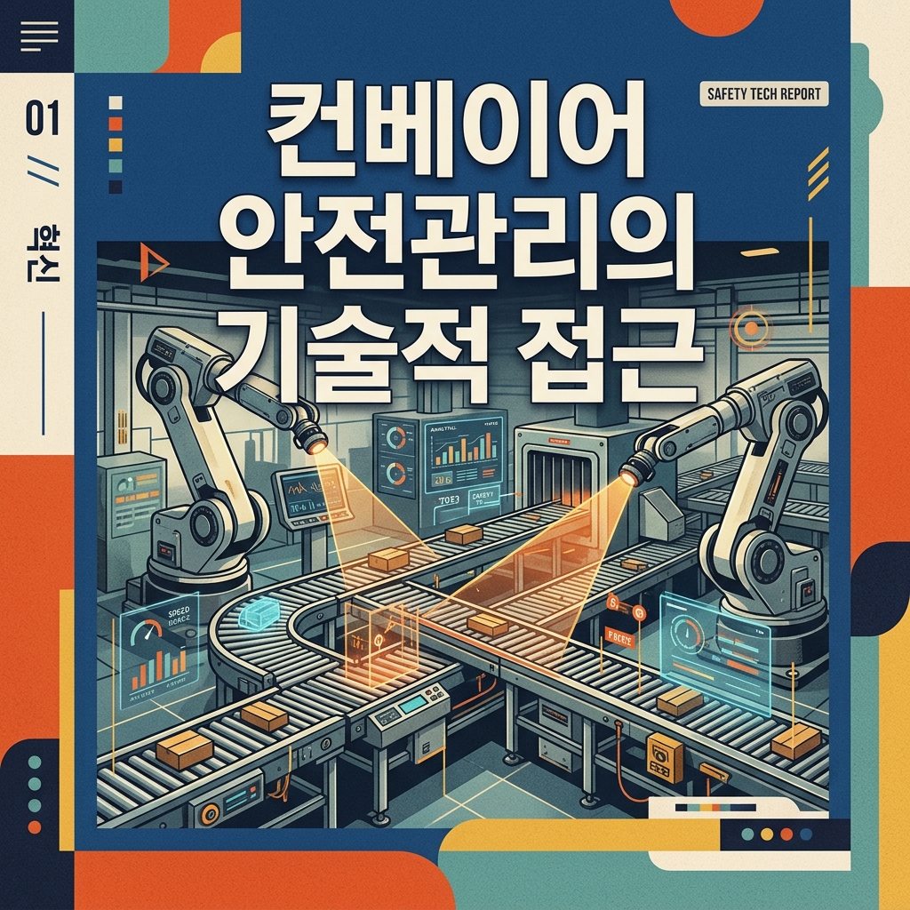 컨베이어 안전관리의 기술적 접근: 끼임·말림 사고를 예방하는 설비관리 1 컨베이어 안전관리의 기술적 접근 방식과 핵심 가이드를 설명하는 포스터 이미지