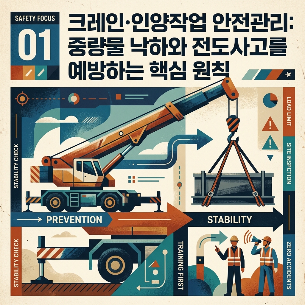 크레인·인양작업 안전관리: 중량물 낙하와 전도사고를 예방하는 핵심 원칙 1 크레인 인양작업 안전수칙 중량물 인하와 전도사고 예방