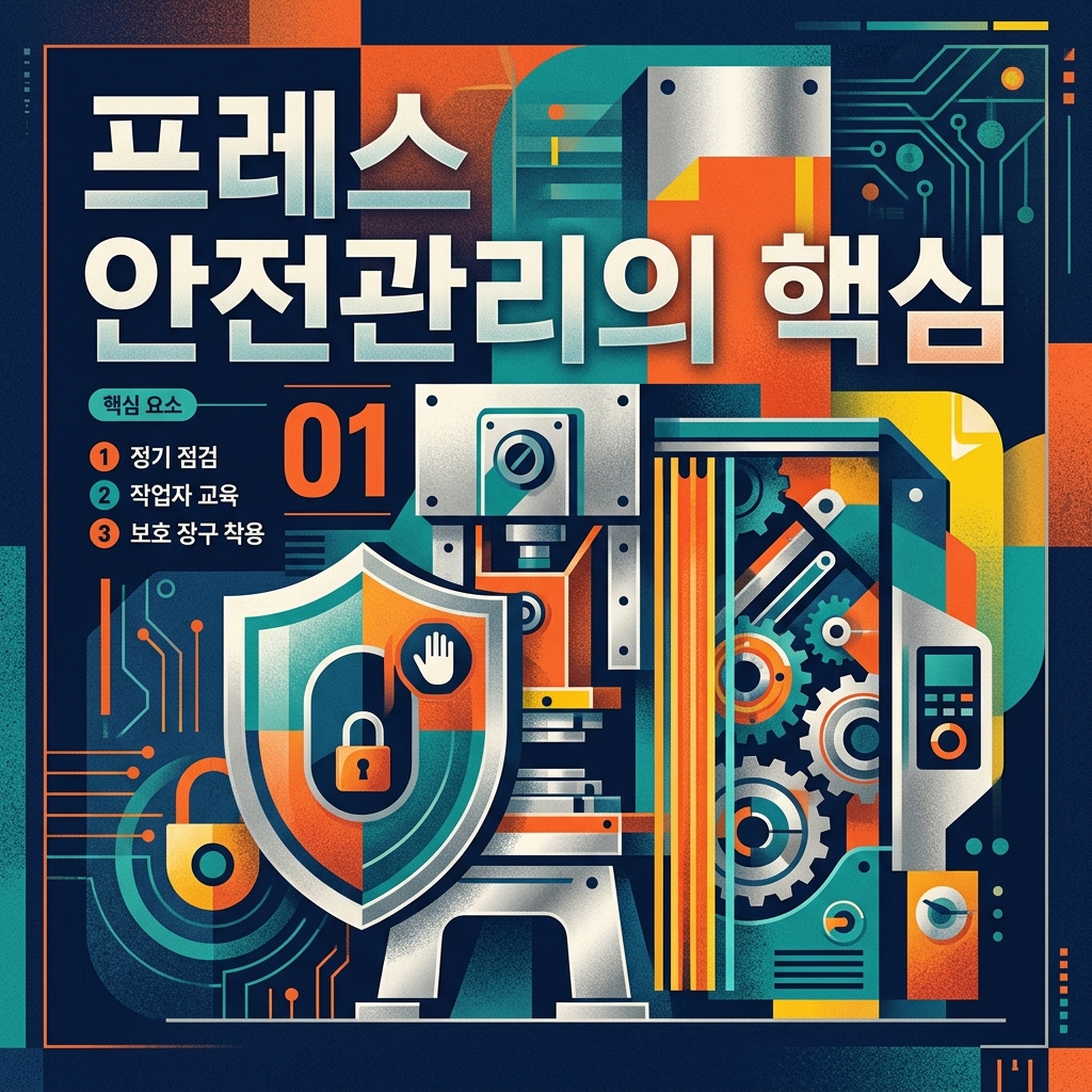 프레스 안전관리의 핵심 수칙과 사고 예방 가이드를 설명하는 포스터 이미지